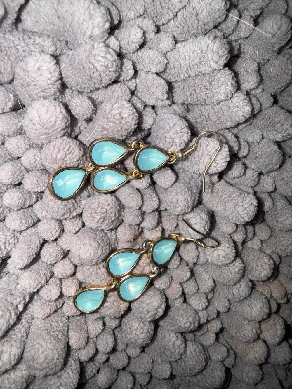 Gold-tone Teardrop Dangle Earrings with Aqua Blue Stones